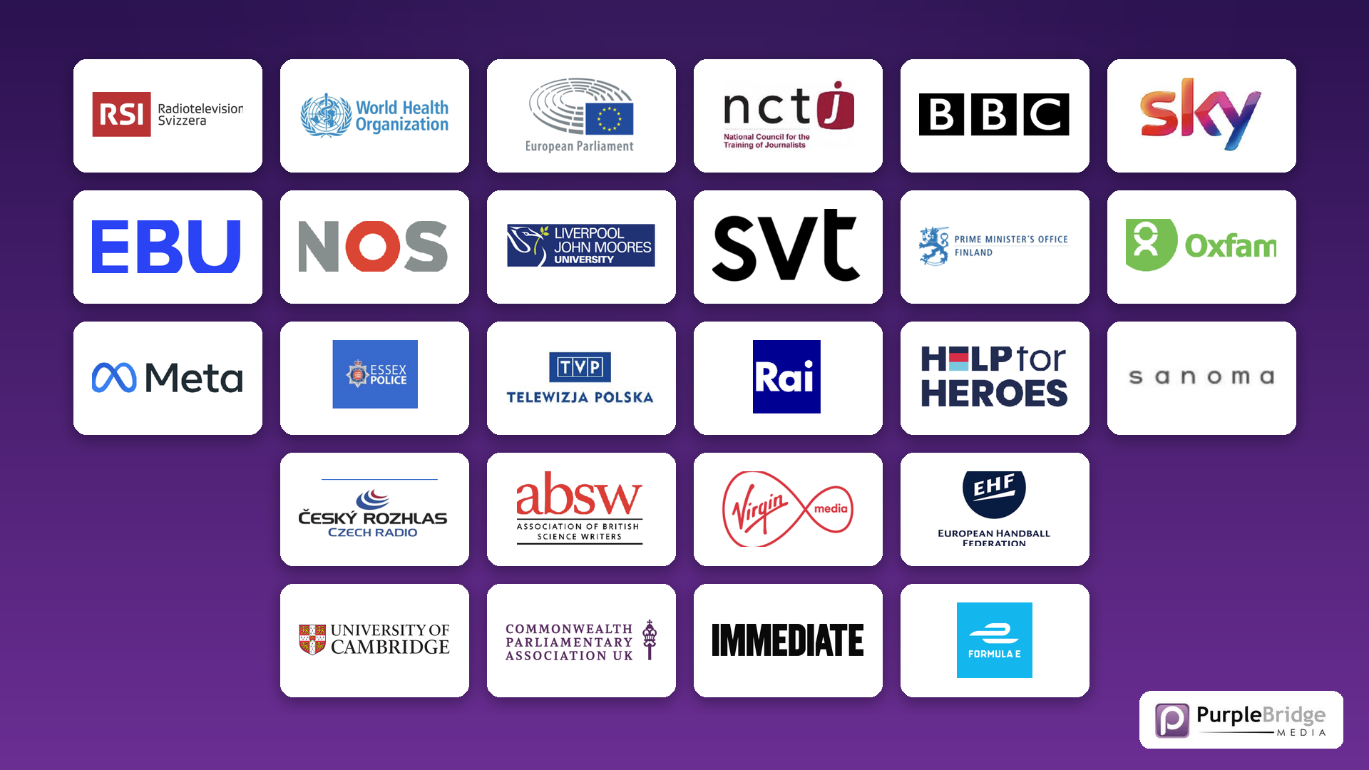 Clients including the BBC, the European Parliament, the World Health Organization, Meta, the Prime Minister's Office Finland, Sky and the University of Cambridge