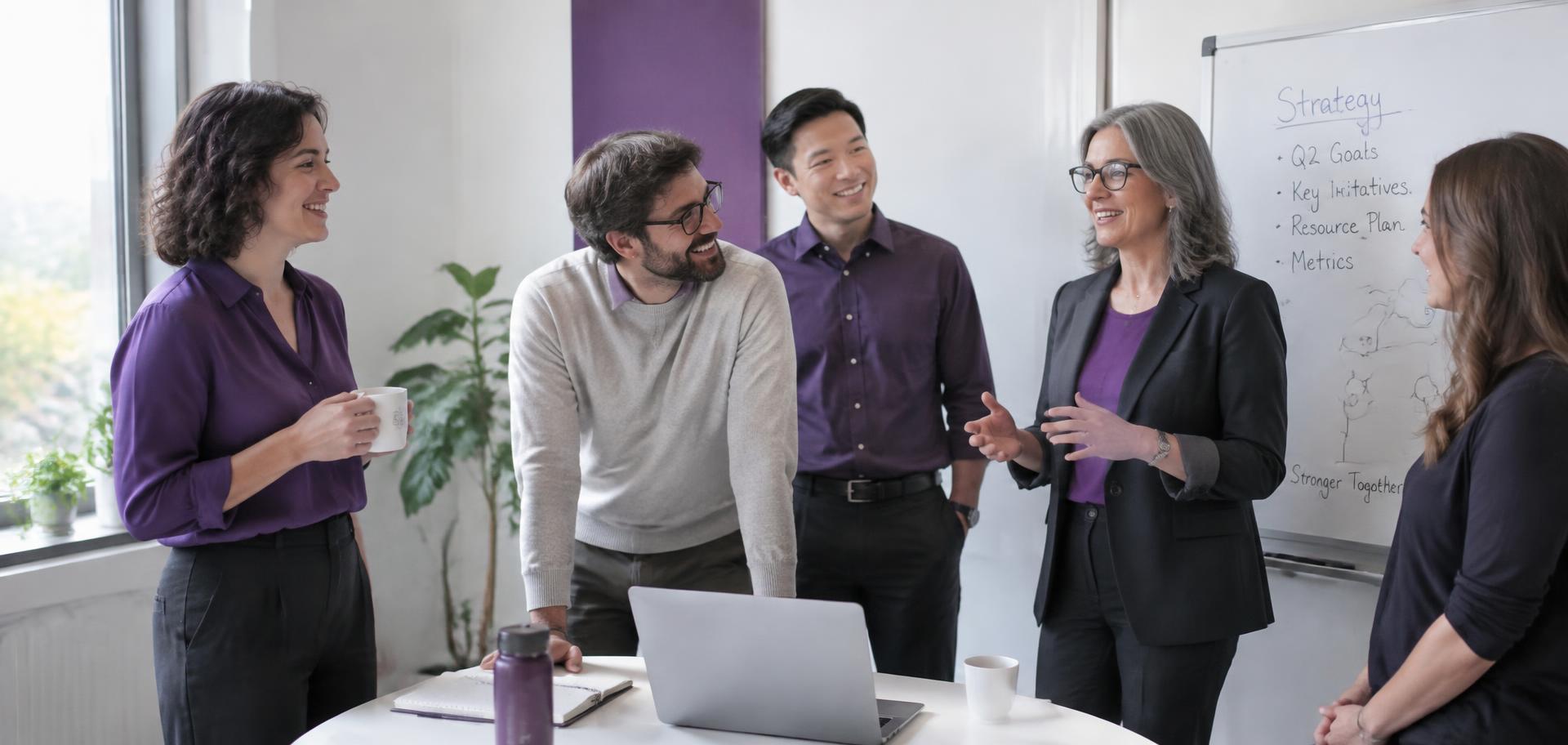 A team talking through ideas around a laptop